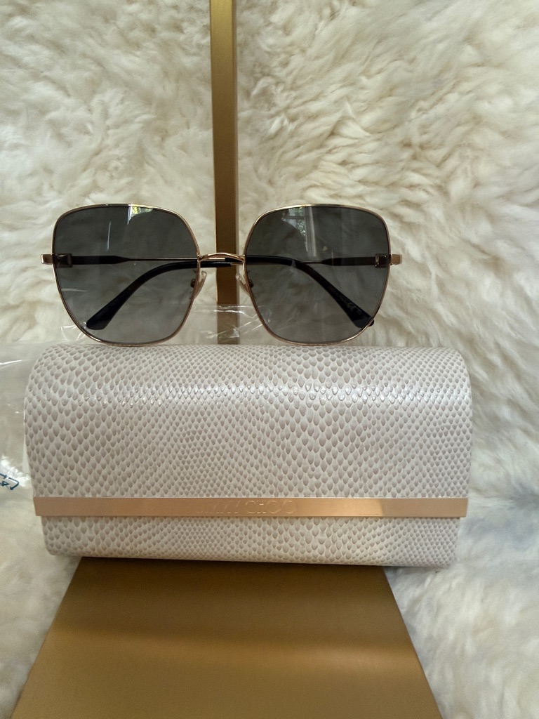 Jimmy Choo Gold Frame Gray Lens Sunglasses With White Textured Clutch